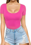 Neon Pink Women's Seamless Bodysuit with Scoop Neck & Short Sleeves - Front Detail