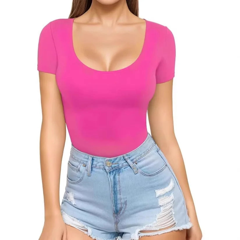 Women's Seamless Bodysuit with Scoop Neck & Short Sleeves - Front Pose