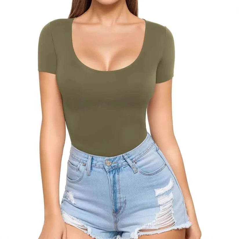 Women's Seamless Bodysuit with Scoop Neck & Short Sleeves - Front Torso