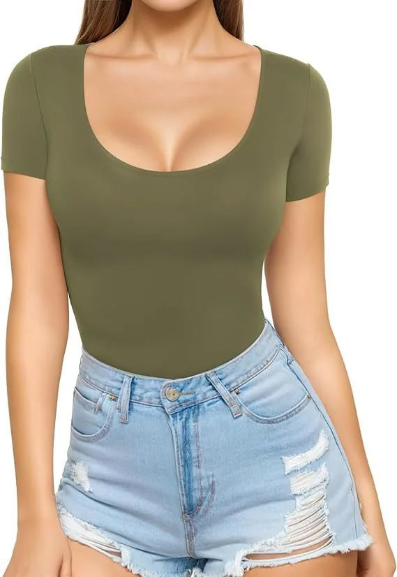 Olive Green Women's Seamless Bodysuit with Scoop Neck & Short Sleeves - Torso View