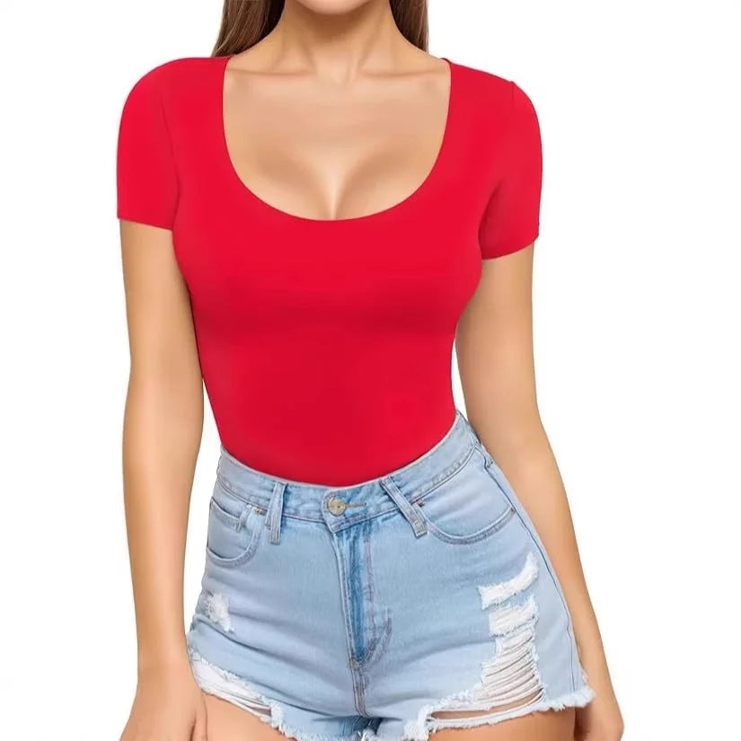 Women's Seamless Bodysuit with Scoop Neck & Short Sleeves - Front Full