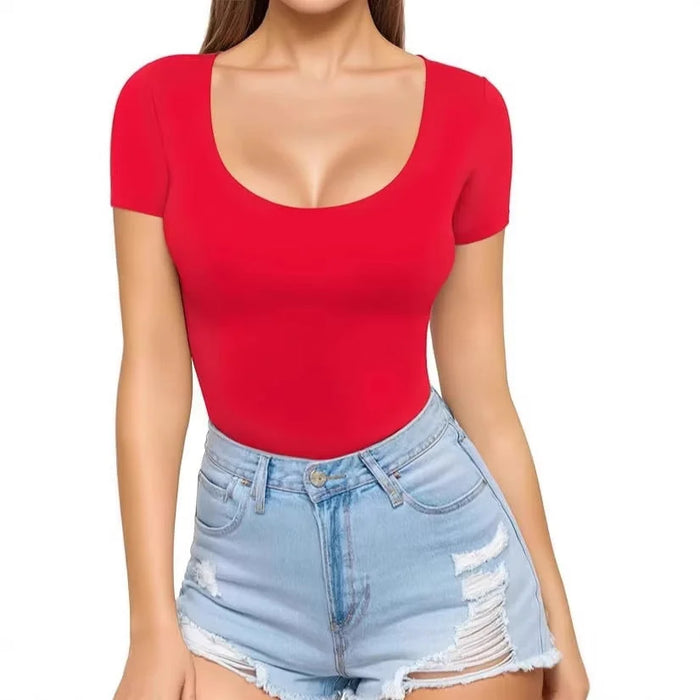 Women's Seamless Bodysuit with Scoop Neck & Short Sleeves - Front Full
