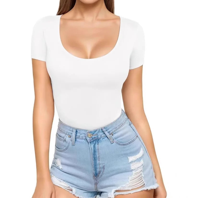 Women's Seamless Bodysuit with Scoop Neck & Short Sleeves - Front View
