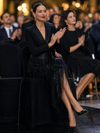 Black Women's Sequin Midi Dress with Structured Blazer Bodice & Fringe Hem - Seated Audience