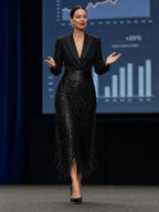 Black Women's Sequin Midi Dress with Structured Blazer Bodice & Fringe Hem - Stage Presentation