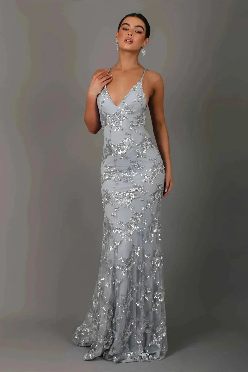 Grey Women's Sequin Evening Gown with Plunging V-Neck & Open Back - Studio White