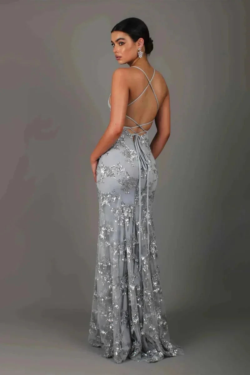 Women's Sequin Evening Gown with Plunging V-Neck & Open Back