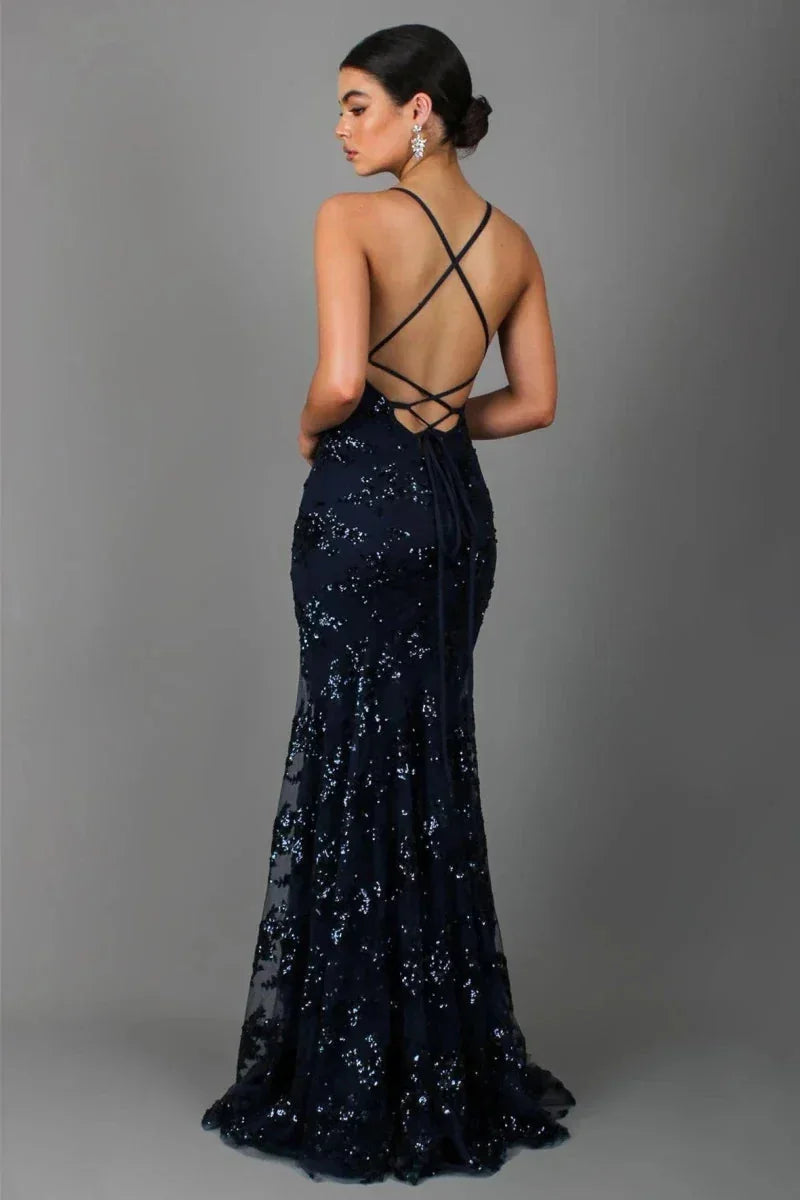 Women's Sequin Evening Gown with Plunging V-Neck & Open Back - Back Detail