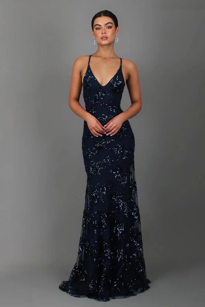 Navy Women's Sequin Evening Gown with Plunging V-Neck & Open Back