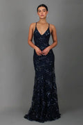 Navy Women's Sequin Evening Gown with Plunging V-Neck & Open Back