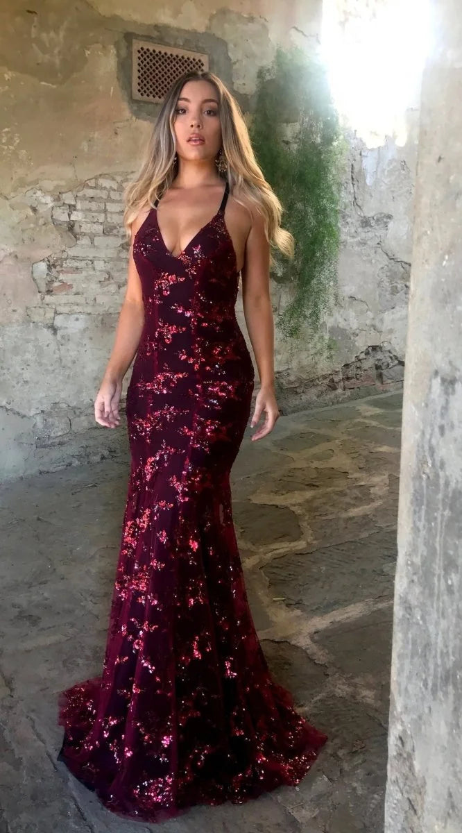 Wine Women's Sequin Evening Gown with Plunging V-Neck & Open Back