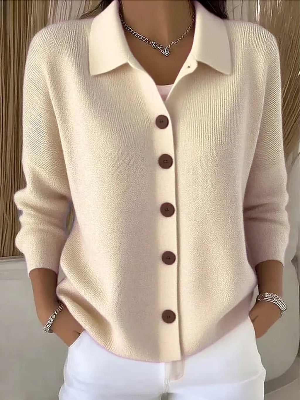Beige Women's Shawl Collar Cardigan with Button-Front & Ribbed Knit Detail — Emma