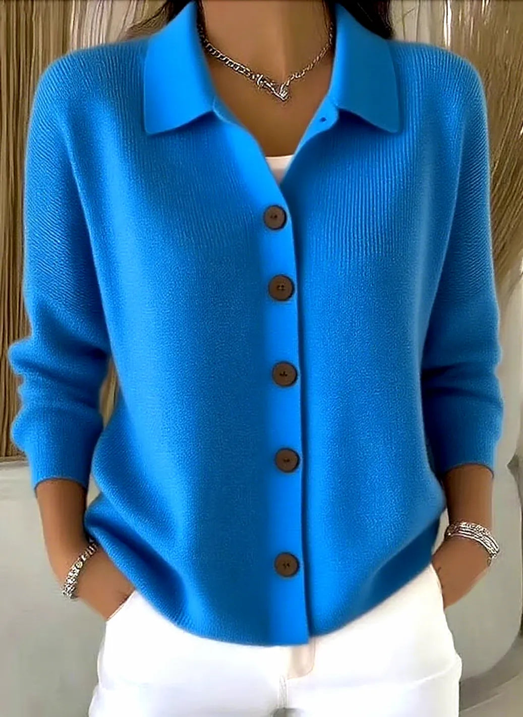 Blue Women's Shawl Collar Cardigan with Button-Front & Ribbed Knit Detail — Emma