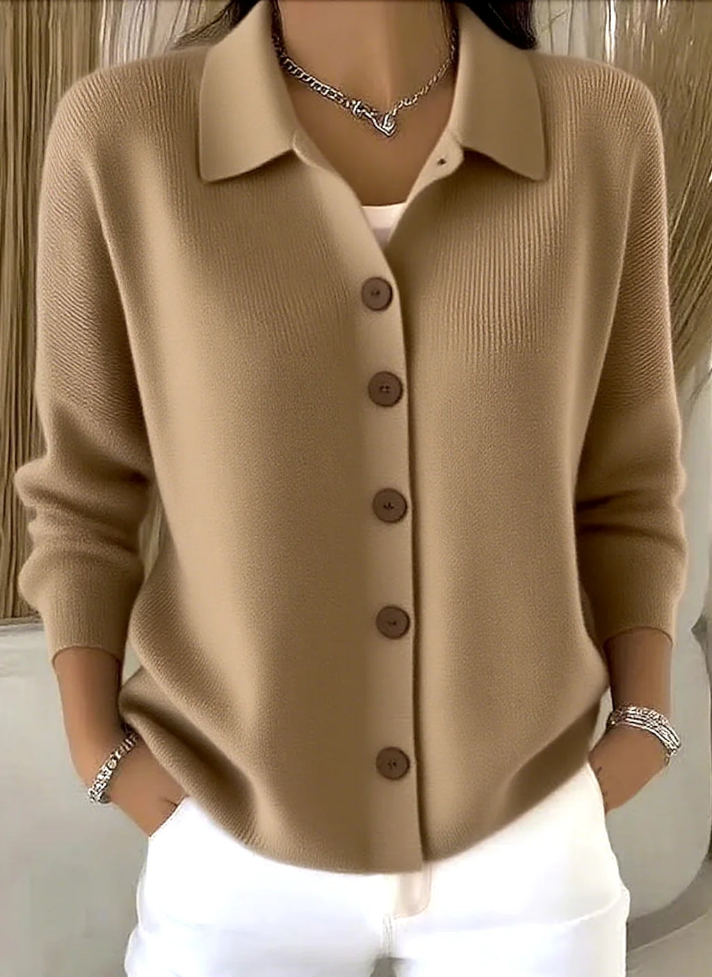Brown Women's Shawl Collar Cardigan with Button-Front & Ribbed Knit Detail — Emma