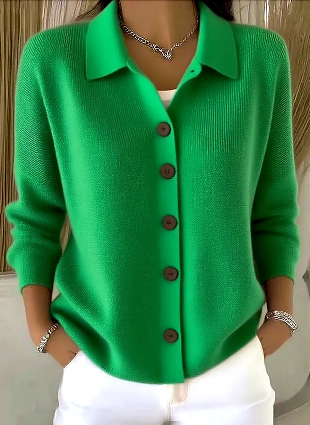 Green Women's Shawl Collar Cardigan with Button-Front & Ribbed Knit Detail — Emma