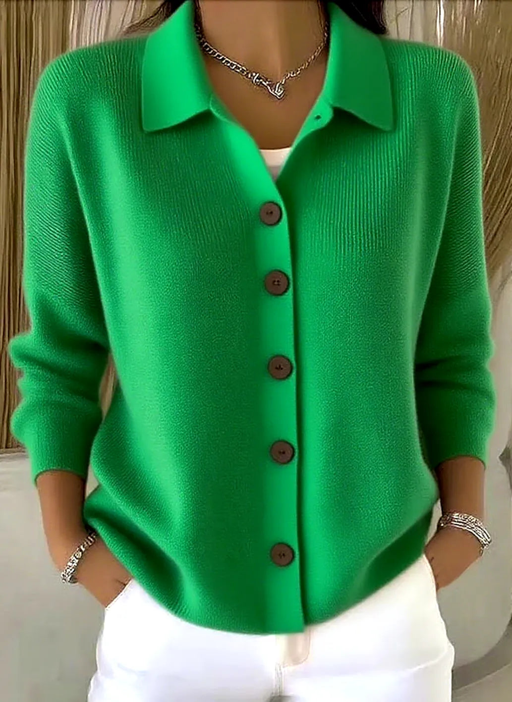 Green Women's Shawl Collar Cardigan with Button-Front & Ribbed Knit Detail — Emma