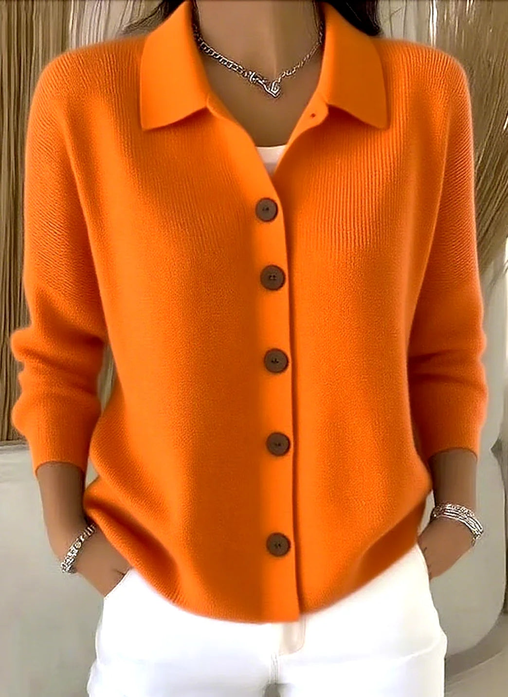 Orange Women's Shawl Collar Cardigan with Button-Front & Ribbed Knit Detail — Emma