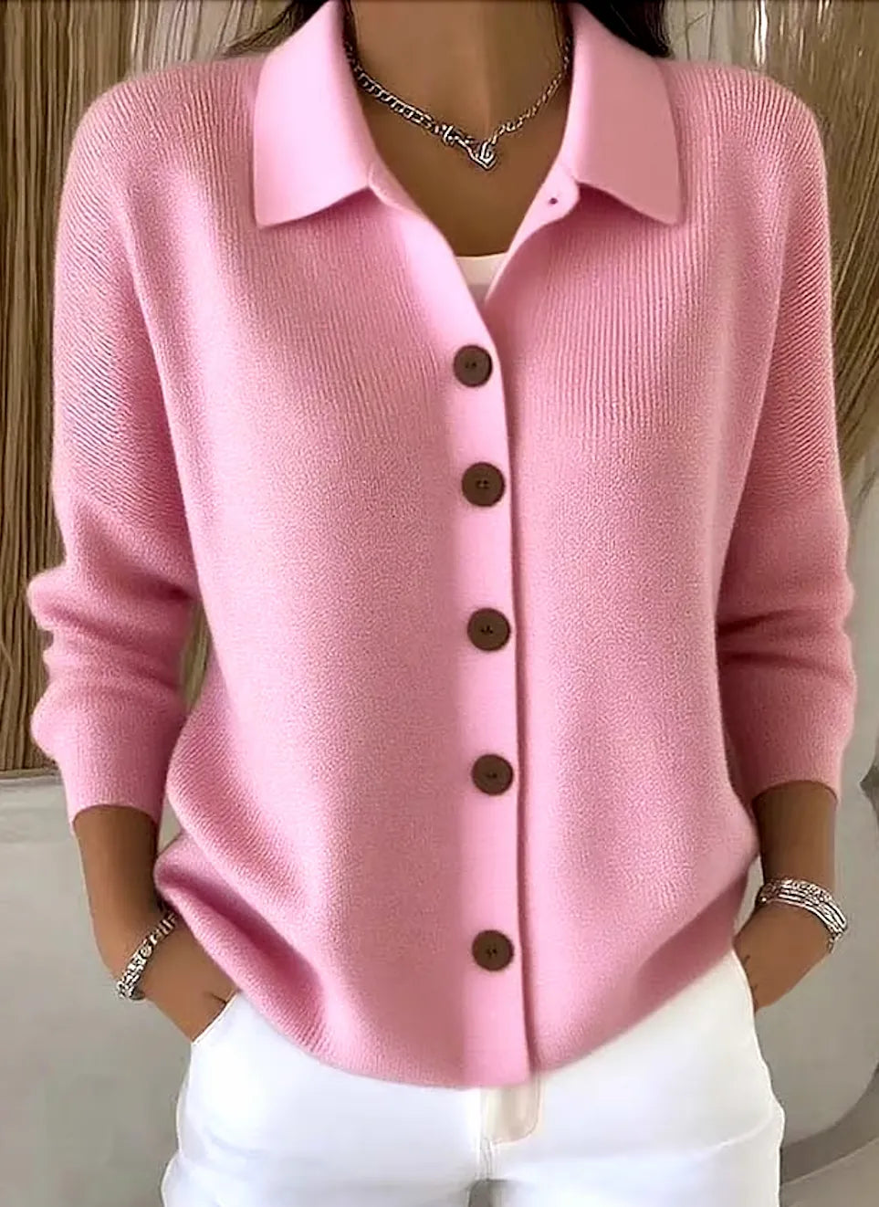 Pink Women's Shawl Collar Cardigan with Button-Front & Ribbed Knit Detail — Emma