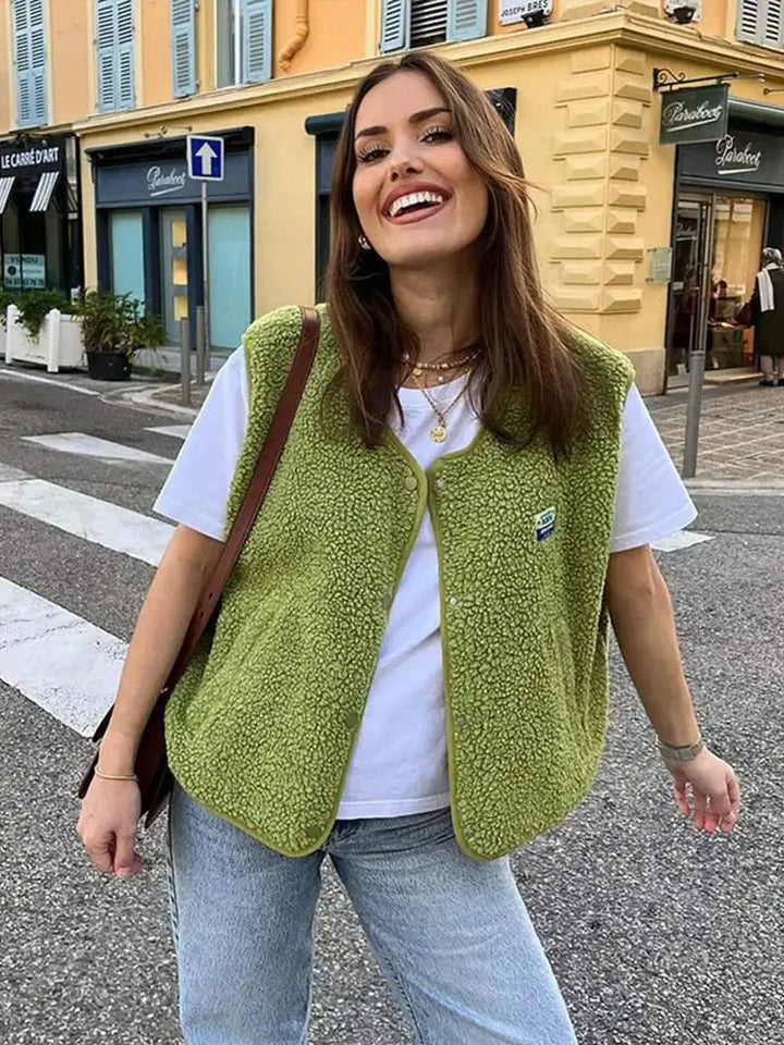 Green Women's Sherpa Fleece Vest with Snap-Front Closure & Relaxed Fit — Marlow - Outdoor Lifestyle