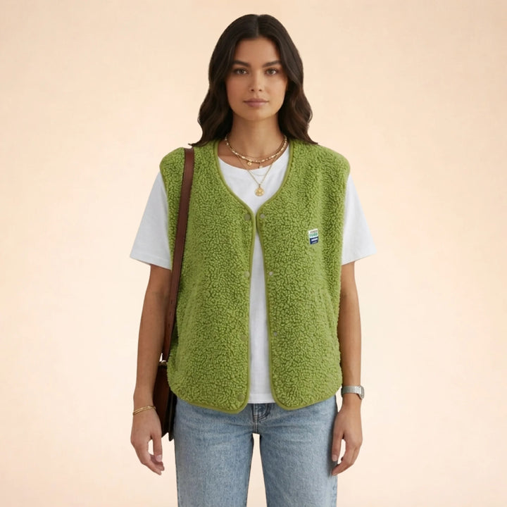 Green Women's Sherpa Fleece Vest with Snap-Front Closure & Relaxed Fit — Marlow