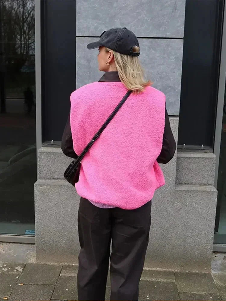 Pink Women's Sherpa Fleece Vest with Snap-Front Closure & Relaxed Fit — Marlow - Back Outdoor Pose