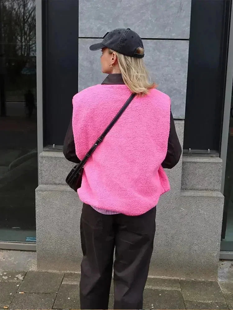 Pink Women's Sherpa Fleece Vest with Relaxed Fit & Snap-Button Front — Zora - Outdoor Back View