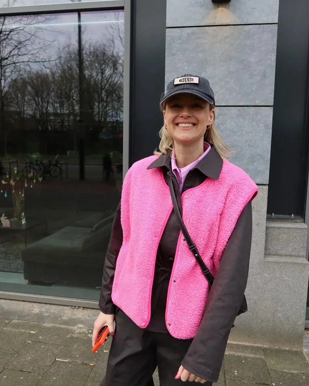 Pink Women's Sherpa Fleece Vest with Snap-Front Closure & Relaxed Fit — Marlow - Worn Lifestyle Cap