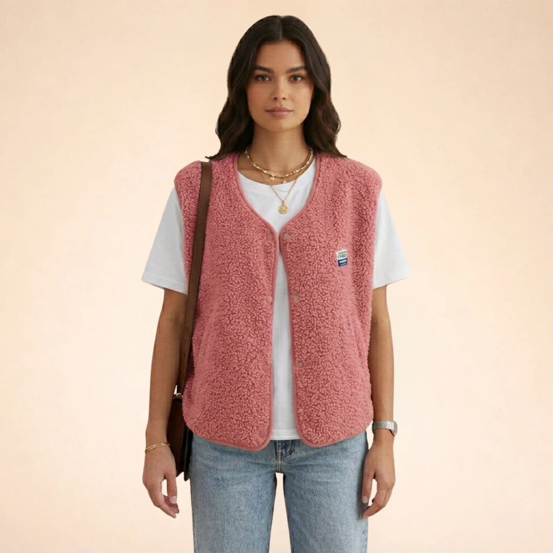 Pink Women's Sherpa Fleece Vest with Snap-Front Closure & Relaxed Fit — Marlow