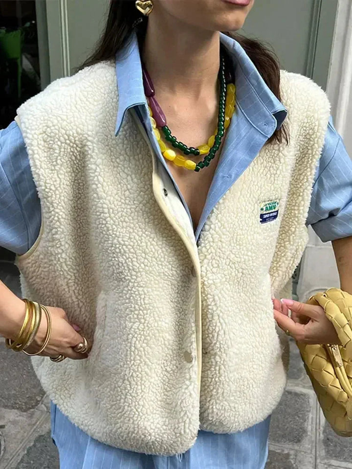 White Women's Sherpa Fleece Vest with Snap-Front Closure & Relaxed Fit — Marlow - Close Up Neckline Detail