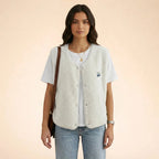 White Women's Sherpa Fleece Vest with Relaxed Fit & Snap-Button Front — Zora