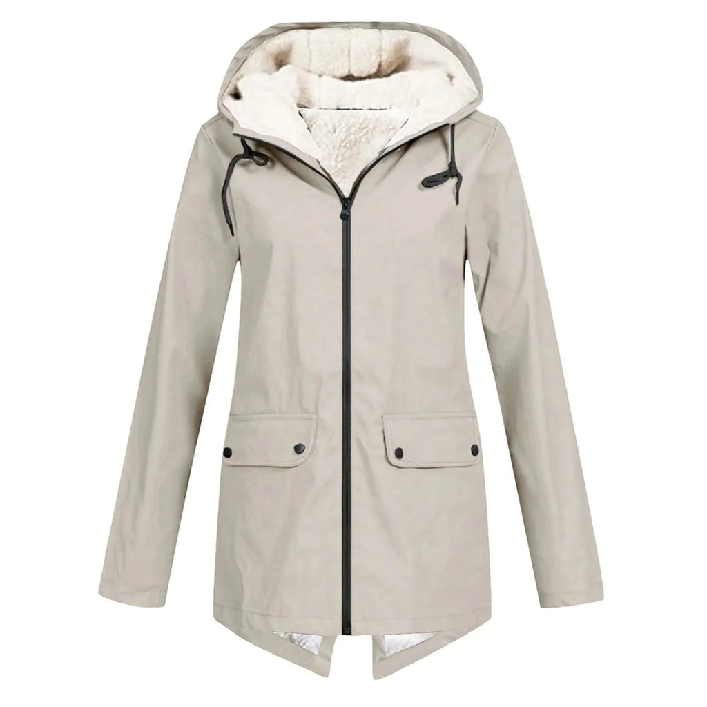 Beige Women's Sherpa Lined Hooded Jacket with Relaxed Fit & Front Pockets