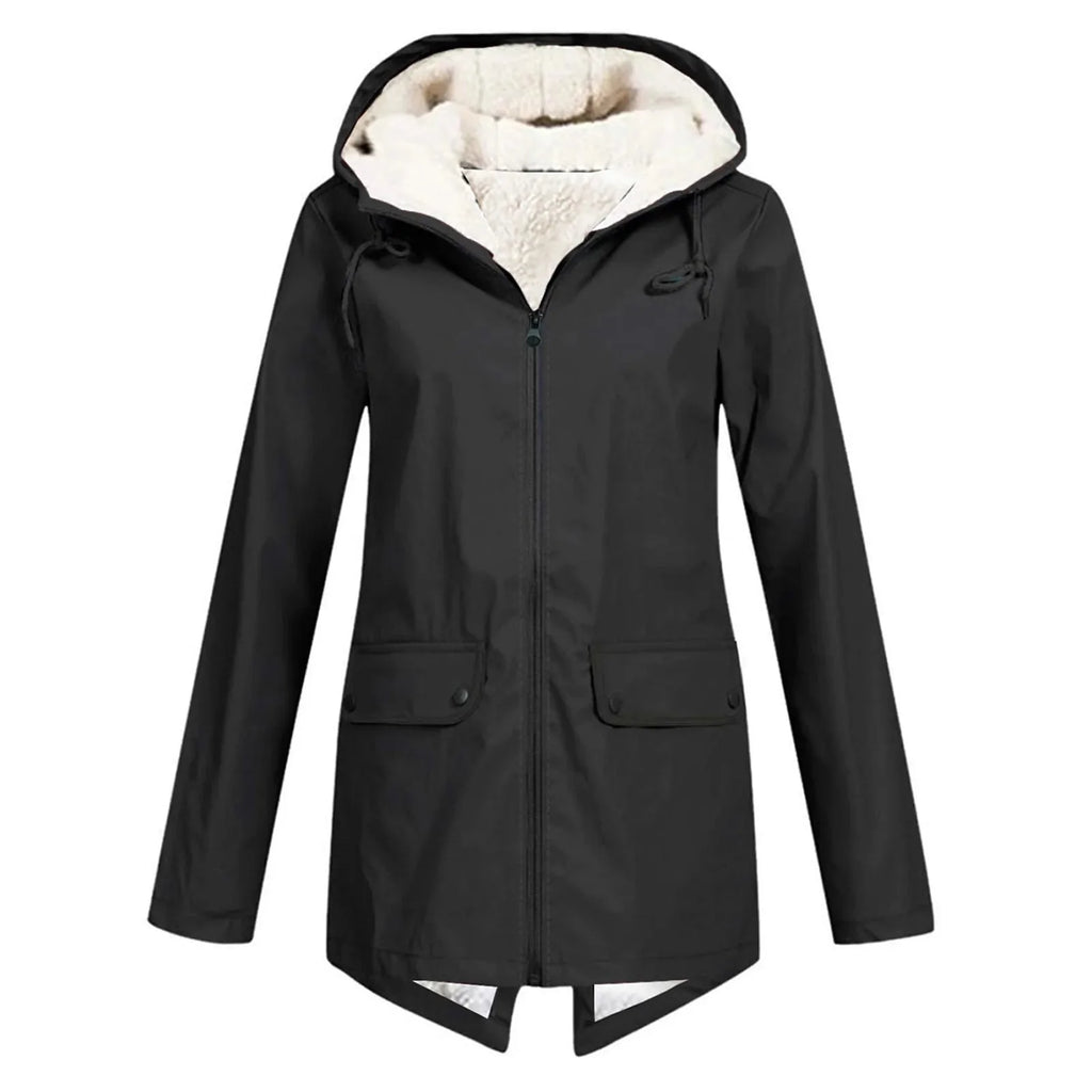 Black Women's Sherpa Lined Hooded Jacket with Relaxed Fit & Front Pockets