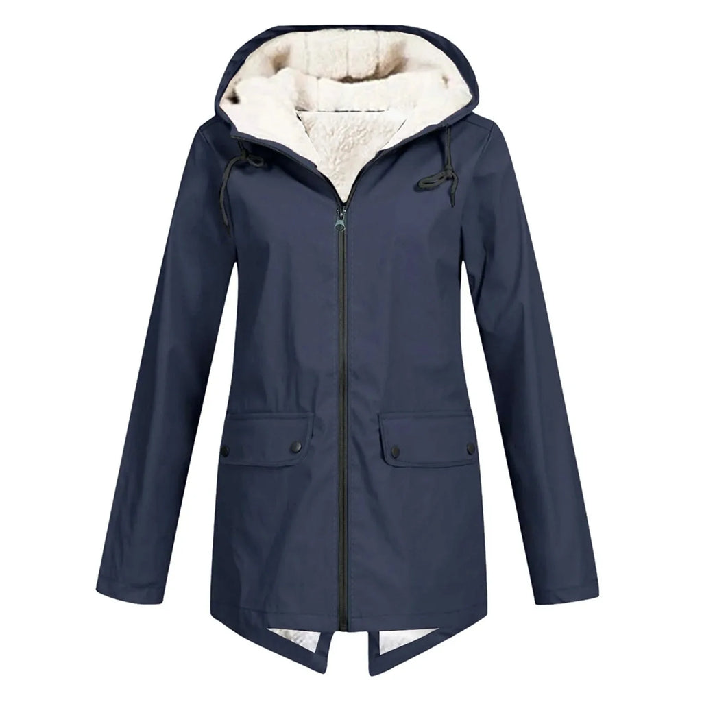 Dark Blue Women's Sherpa Lined Hooded Jacket with Relaxed Fit & Front Pockets - Front Pose