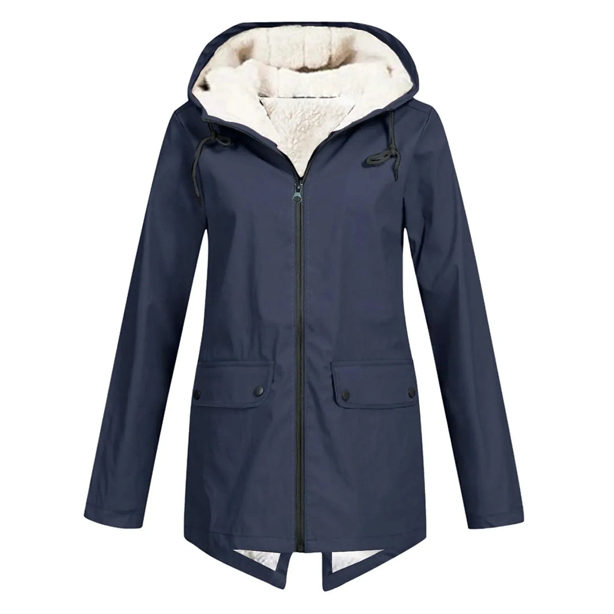 Dark Blue Women's Sherpa Lined Hooded Jacket with Relaxed Fit & Front Pockets - Front Pose