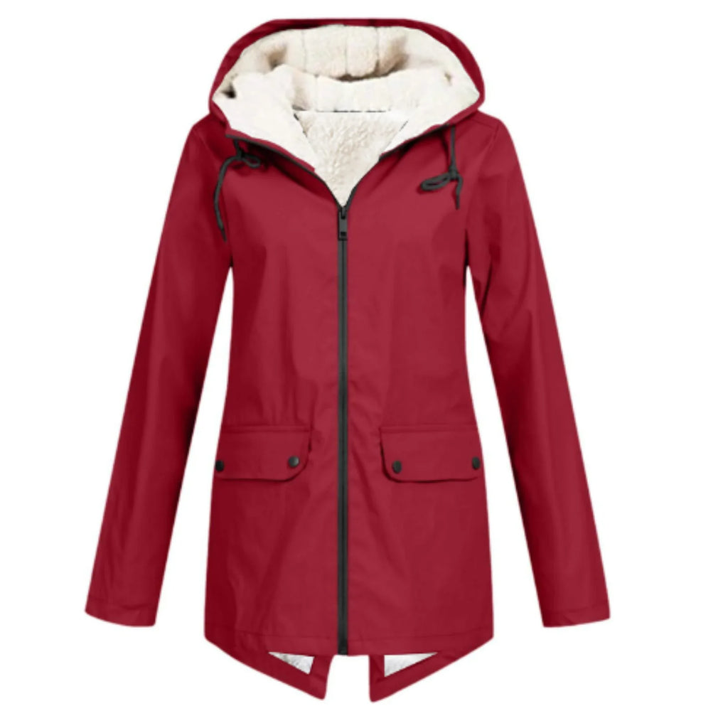 Red Women's Sherpa Lined Hooded Jacket with Relaxed Fit & Front Pockets