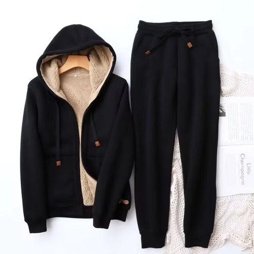 Black Women's Sherpa Hoodie Set with Fleece-Lined Zip-Up Jacket & Jogger Pants