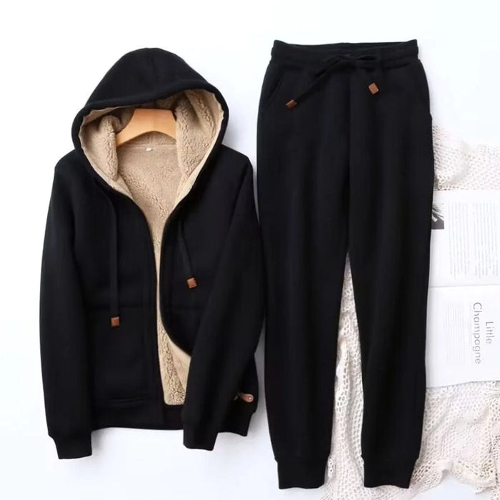 Black Women's Sherpa Hoodie Set with Fleece-Lined Zip-Up Jacket & Jogger Pants