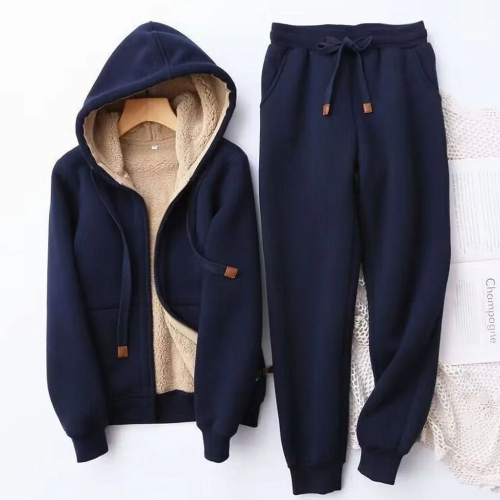 Blue Women's Sherpa Hoodie Set with Fleece-Lined Zip-Up Jacket & Jogger Pants