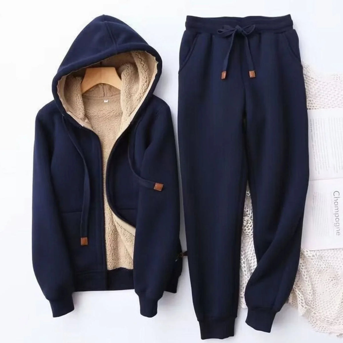 Blue Women's Sherpa Hoodie Set with Fleece-Lined Zip-Up Jacket & Jogger Pants