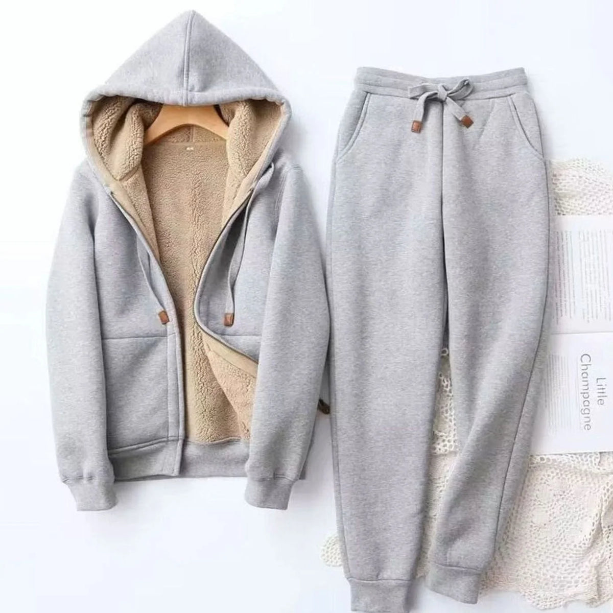 Grey Women's Sherpa Hoodie Set with Fleece-Lined Zip-Up Jacket & Jogger Pants