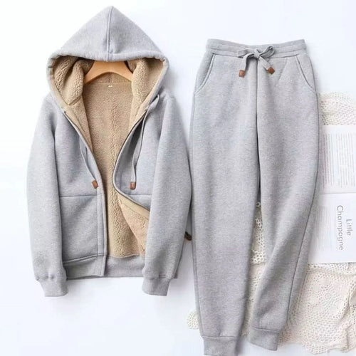 Grey Women's Sherpa Hoodie Set with Fleece-Lined Zip-Up Jacket & Jogger Pants