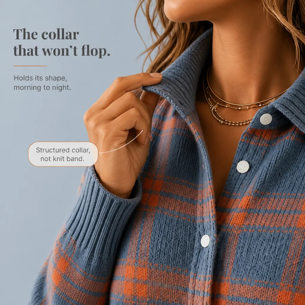 Women's Plaid Cardigan with Structured Collar & Relaxed Fit - Orange Plaid Infographic Collar Detail