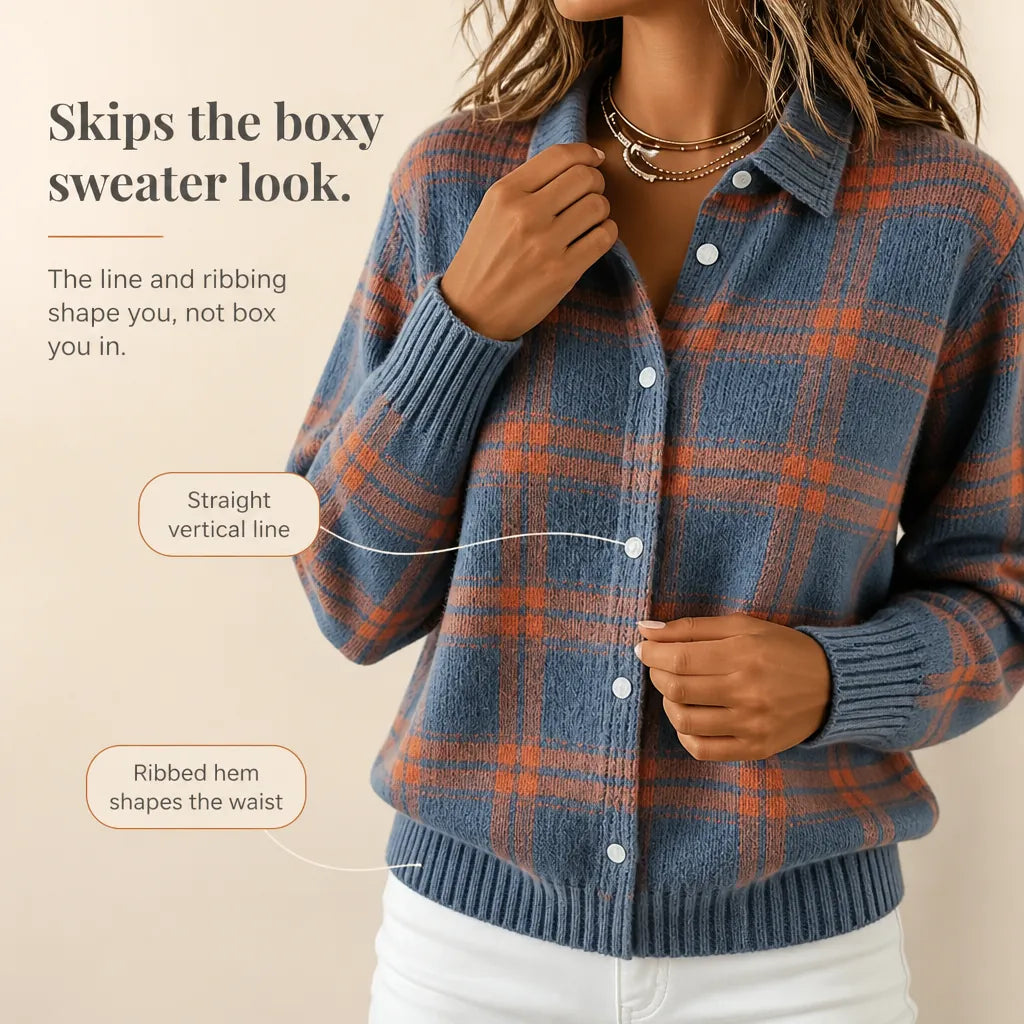 Women's Plaid Cardigan with Structured Collar & Relaxed Fit - Orange Plaid Infographic Fit Detail