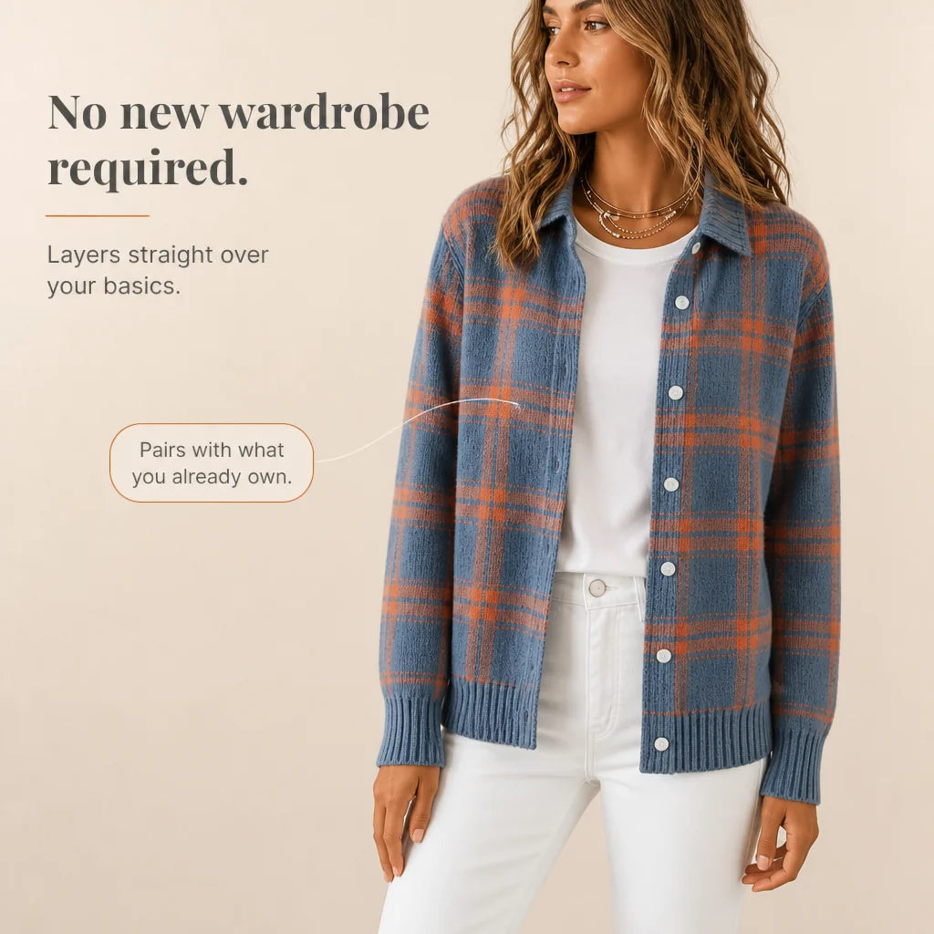 Women's Plaid Cardigan with Structured Collar & Relaxed Fit - Orange Plaid Infographic Layering