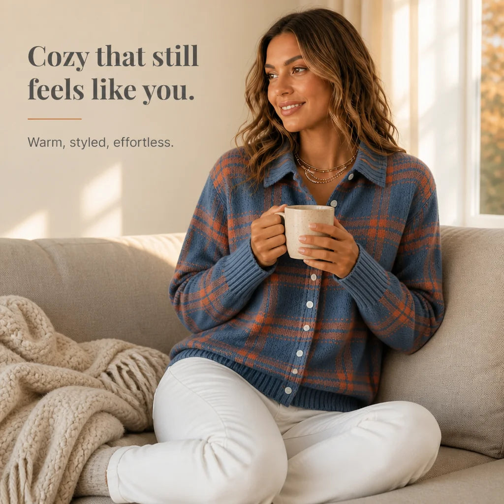 Women's Plaid Cardigan with Structured Collar & Relaxed Fit - Orange Plaid Lifestyle Coffee Mug