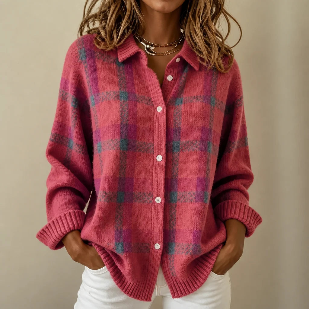 Coral Pink Women's Plaid Cardigan with Structured Collar & Relaxed Fit