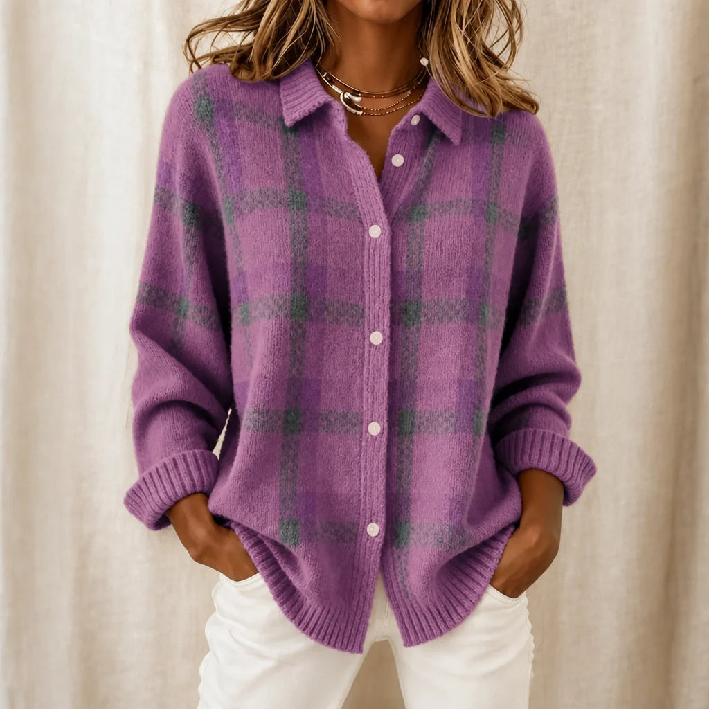 Lilac Women's Plaid Cardigan with Structured Collar & Relaxed Fit - Front Detail