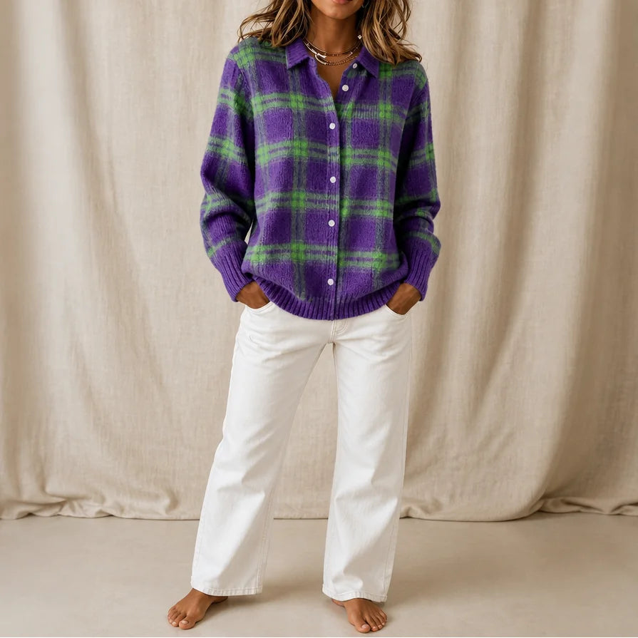 Purple Green Women's Plaid Cardigan with Structured Collar & Relaxed Fit