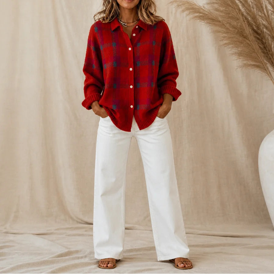 Red Women's Plaid Cardigan with Structured Collar & Relaxed Fit