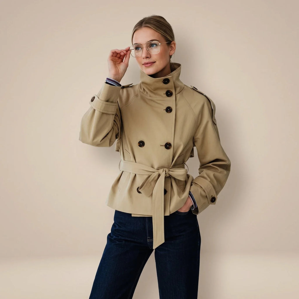 Beige Women's Short Trench Coat with Double-Breasted Button Front & Tailored Waist Belt